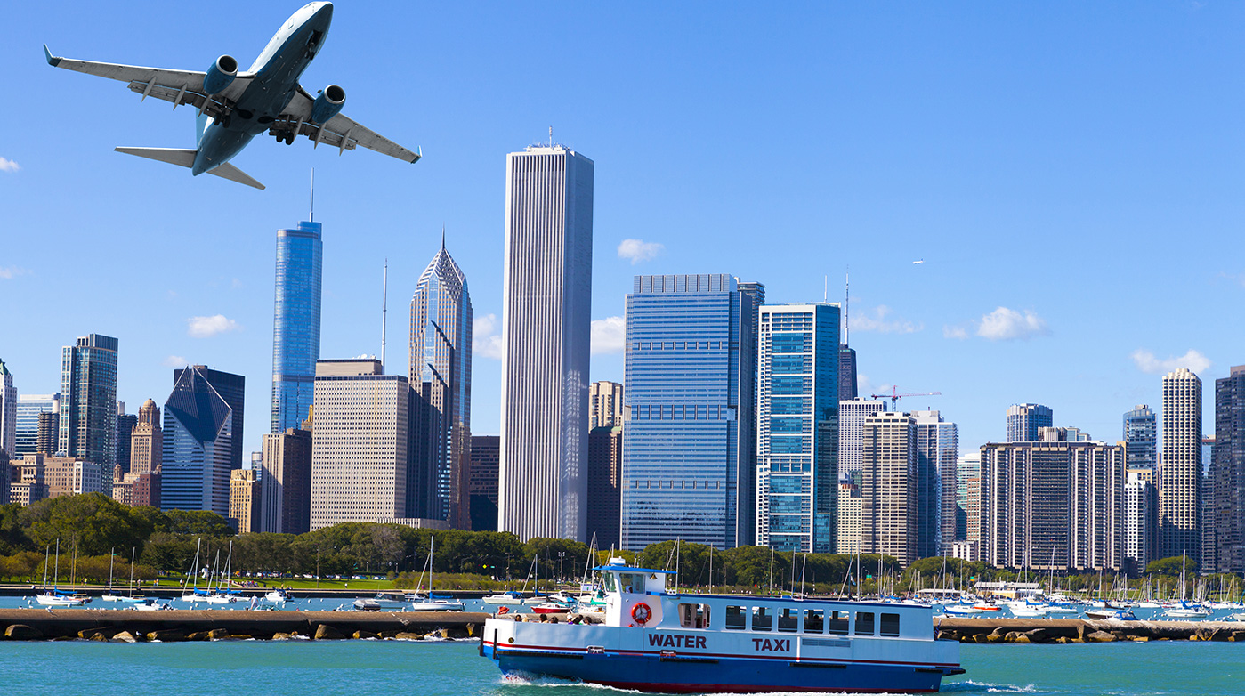 Jet flying over Chicago with ferry on lake