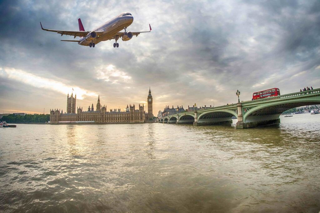 private international flight, plane over London