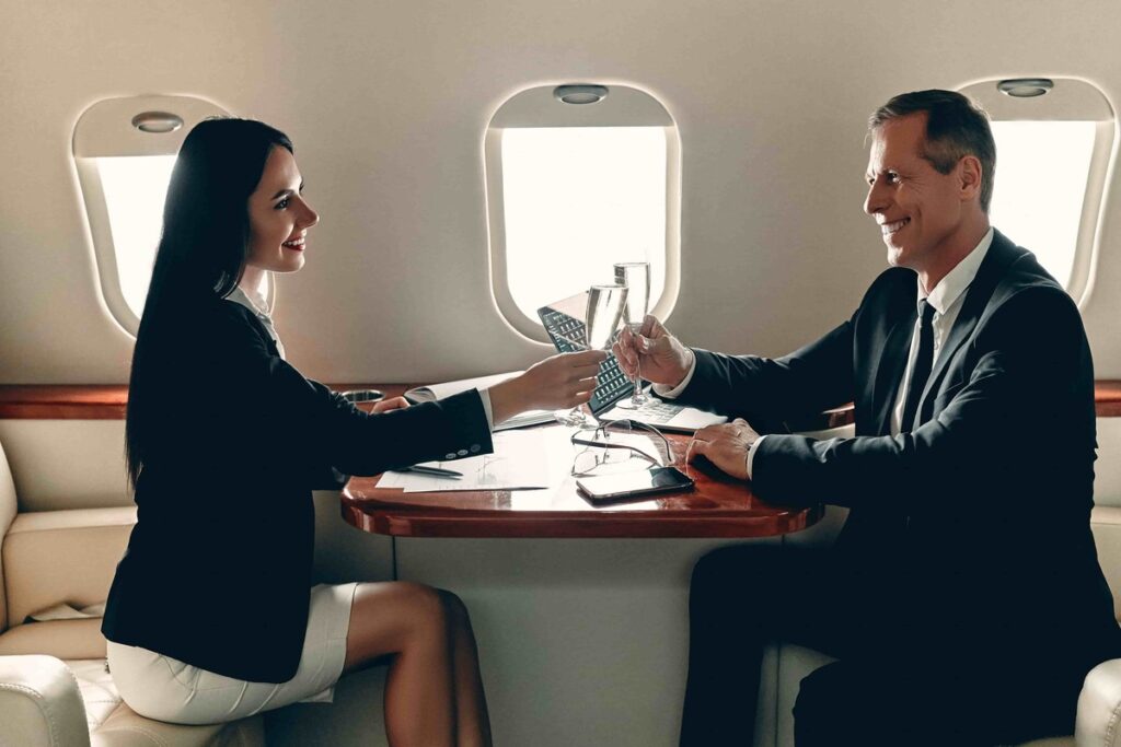 FBO New York, man and woman cheers on jet